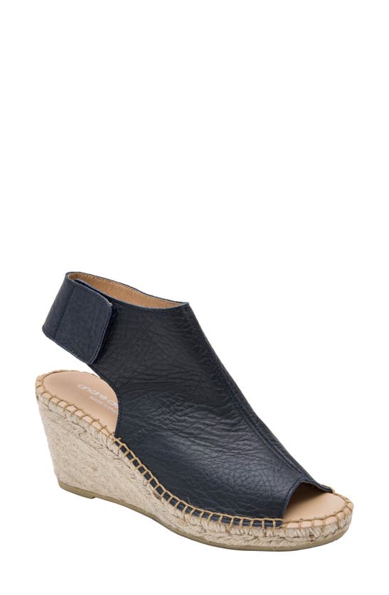 Andre Assous Flora Espadrille Wedge Shield Sandal In Navy Pebble Leather