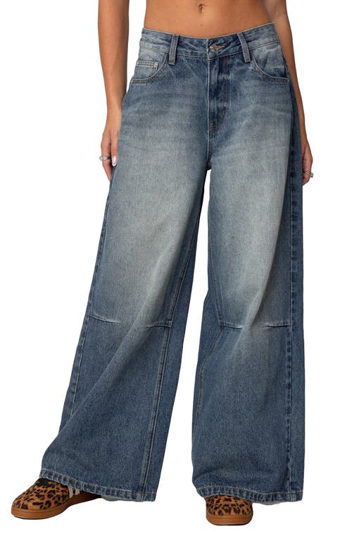 Shop Edikted Skater Low Rise Nonstretch Wide Leg Jeans In Blue-washed