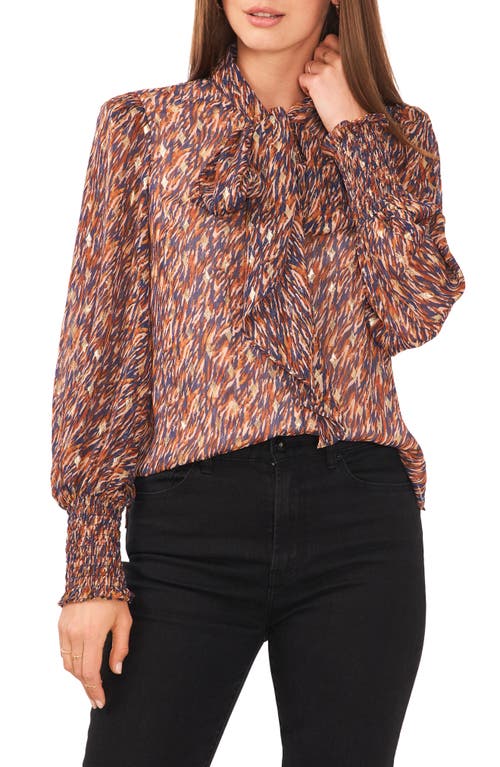 Vince Camuto Metallic Fleck Abstract Print Bow Blouse in Classic Navy