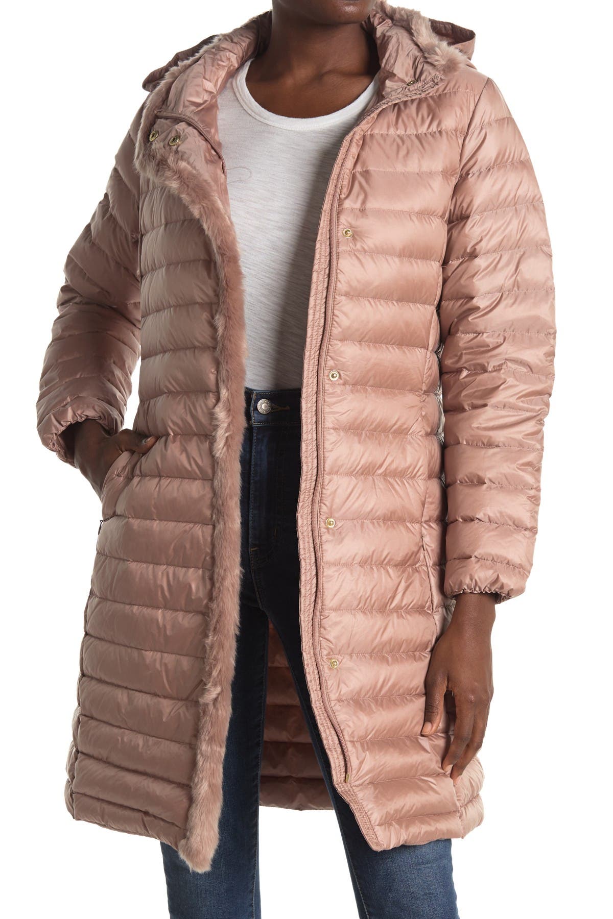 cole haan belted faux fur hood coat