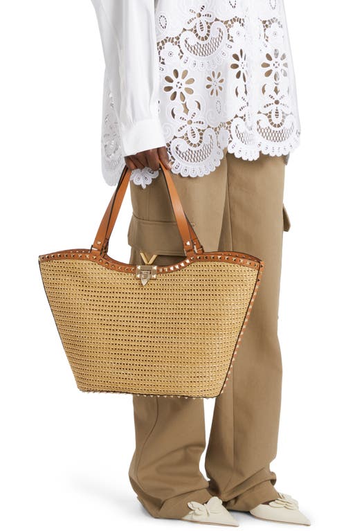 Shop Valentino Garavani Rockstud Raffia Tote In Yhn Naturale/almond Beige