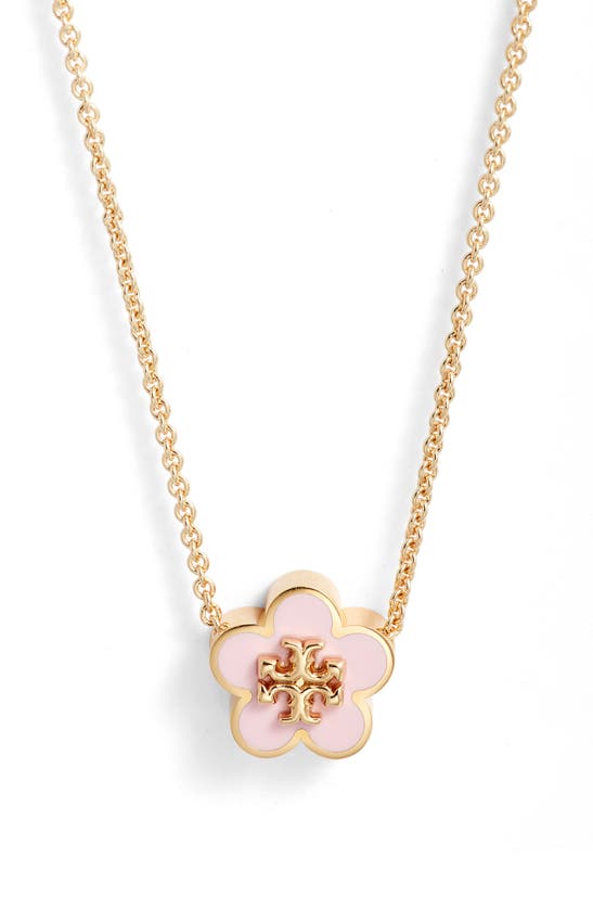 Tory Burch Flower Pendant Necklace In Tory Gold / Orchid Pink