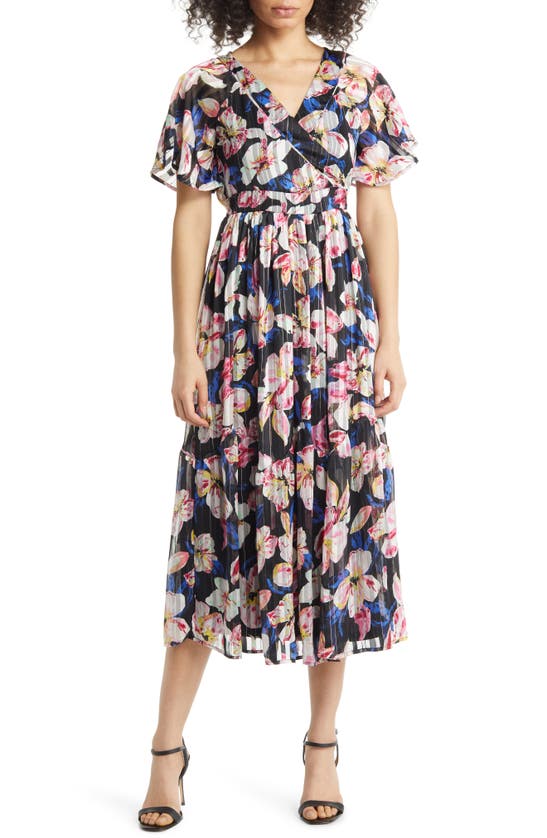 Harlow & Rose Floral Pleated Tie Waist Midi Dress In Black | ModeSens