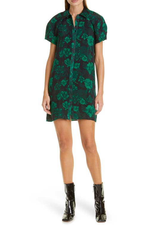 Alice + Olivia Jem Floral Print Puff Sleeve Charmeuse Shirtdress in Dream Floral Emerald