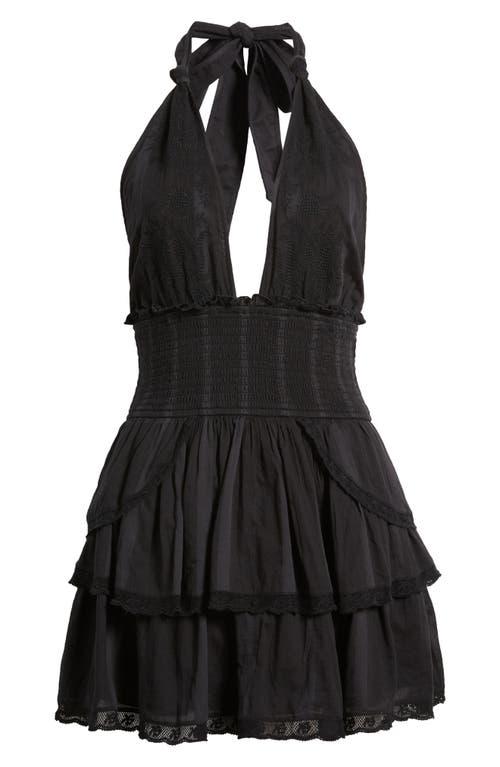 Loveshackfancy Deanna Shirred Ruffled Cotton Halterneck Mini Dress In Black