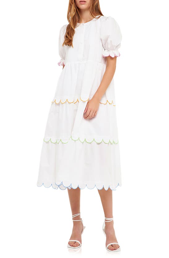 Shop English Factory Contrast Scalloped Trim Cotton Midi Dress In White Multi