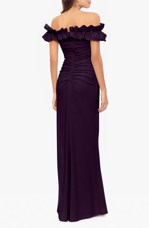 Shop Xscape Evenings Ruffle Off The Shoulder Ruched Gown In Mulberry