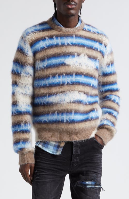 AMIRI Bleached Stripe Alpaca, Mohair & Wool Blend Crewneck Sweater in Air Blue 
