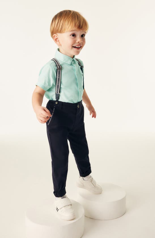 Shop Baker By Ted Baker Kids' Short Sleeve Button-up Shirt, Trousers & Suspenders Set In Green Multi