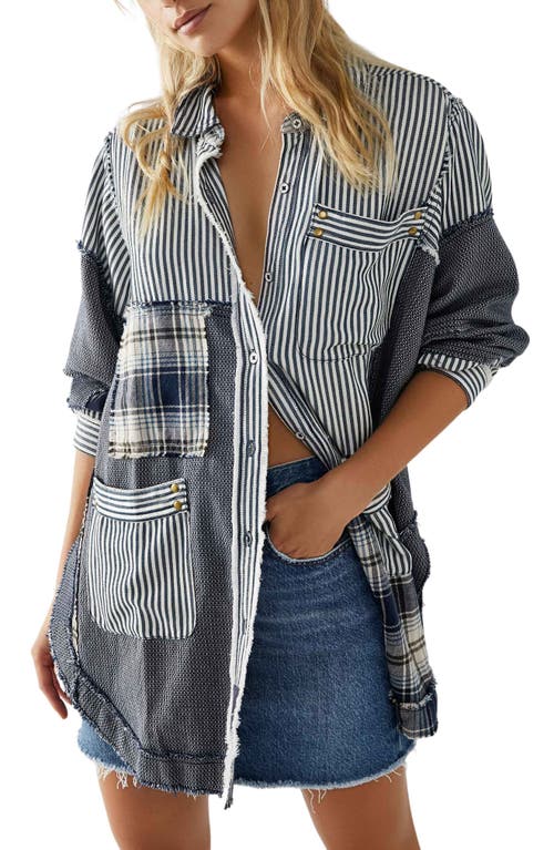 Free People Railroad Patch Fray Shirt in Indigo Combo