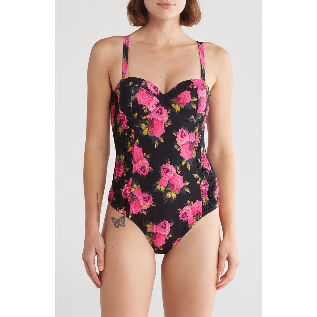 Betsey Johnson Smocked Corset One-piece Swimsuit In Multi