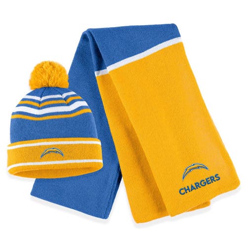 Women's WEAR by Erin Andrews Powder Blue Los Angeles Chargers Colorblock Cuffed Knit Hat with Pom and Scarf Set