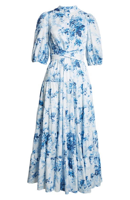 Shop Erdem Floral Print Tiered Dress In Antique Print Blue