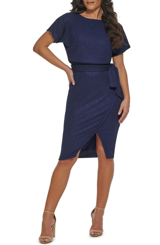 Kensie Shimmer Crepe Knit Dress In Navy
