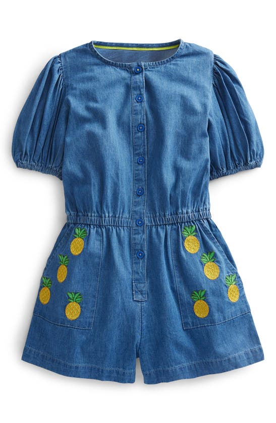 Boden Kids' Pineapple Embroidered Cotton Denim Romper In Mid Vintage Denim