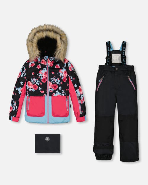 Shop Deux Par Deux Girl's Two Piece Snowsuit Printed Roses With Solid Pant Black In Anthracite