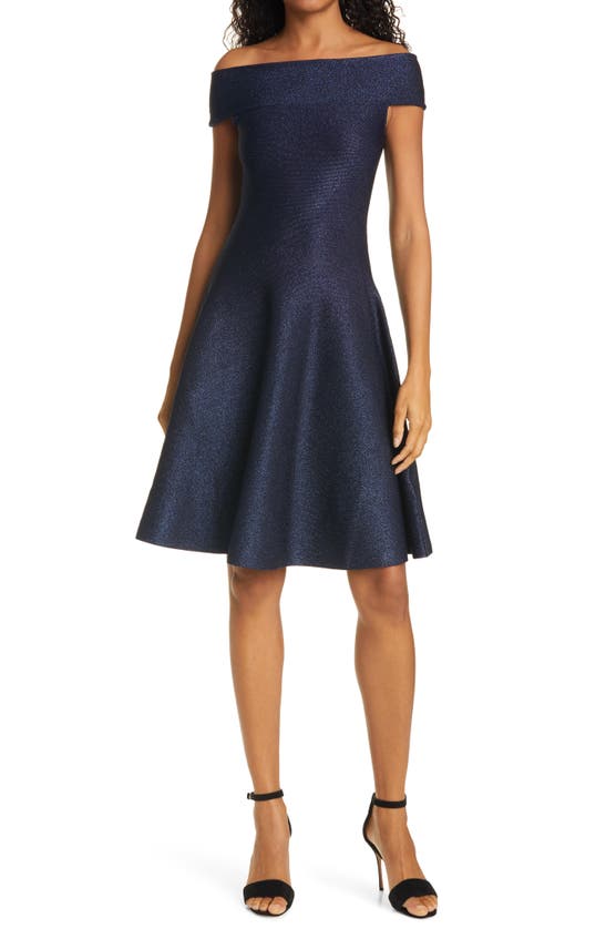 Ted Baker Shelbiy Off The Shoulder Sparkle Knit Skater Dress In Navy
