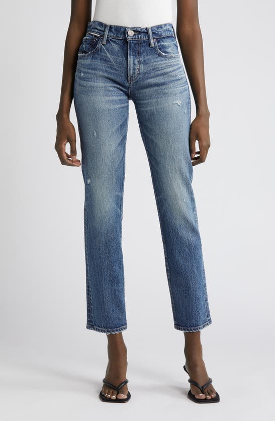 Shop Moussy Vintage Mv Mallard Distressed Slim Straight Leg Jeans In Dark Blue