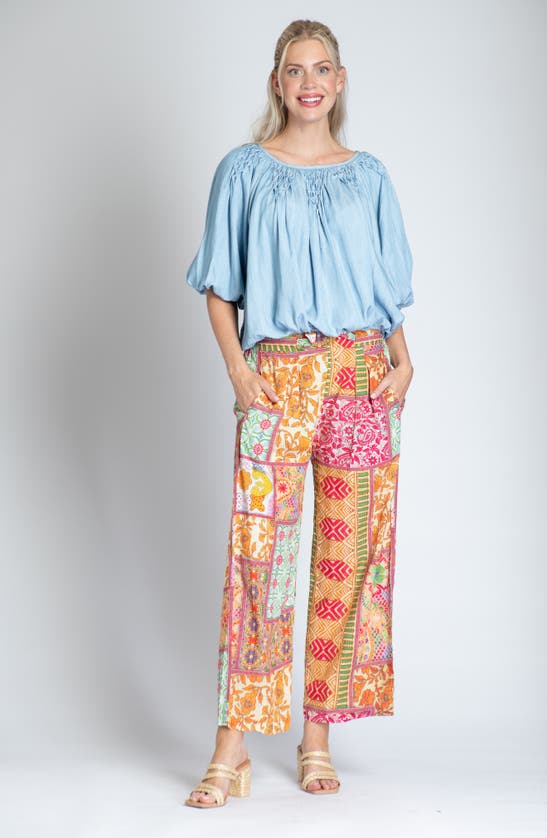 Apny Smocked Detail Chambray Top In Light Indigo