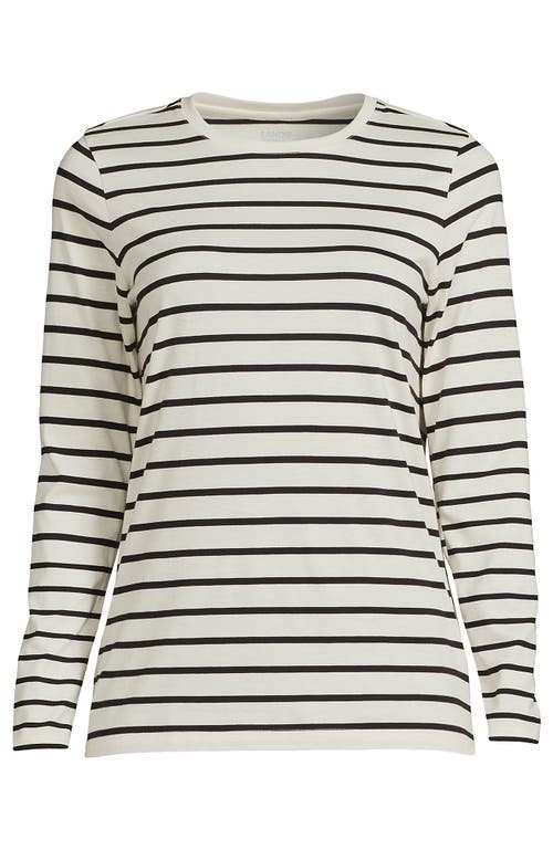 Shop Lands' End Relaxed Supima Cotton Long Sleeve Crew Neck T-shirt In Ivory/black Breton Stripe