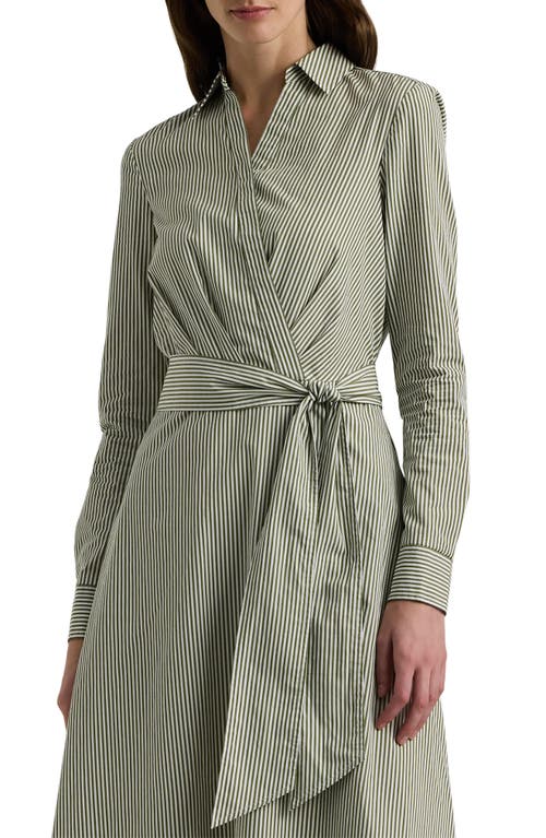 Shop Lauren Ralph Lauren Striped Surplice Broadcloth Midi Dress In Olive/white