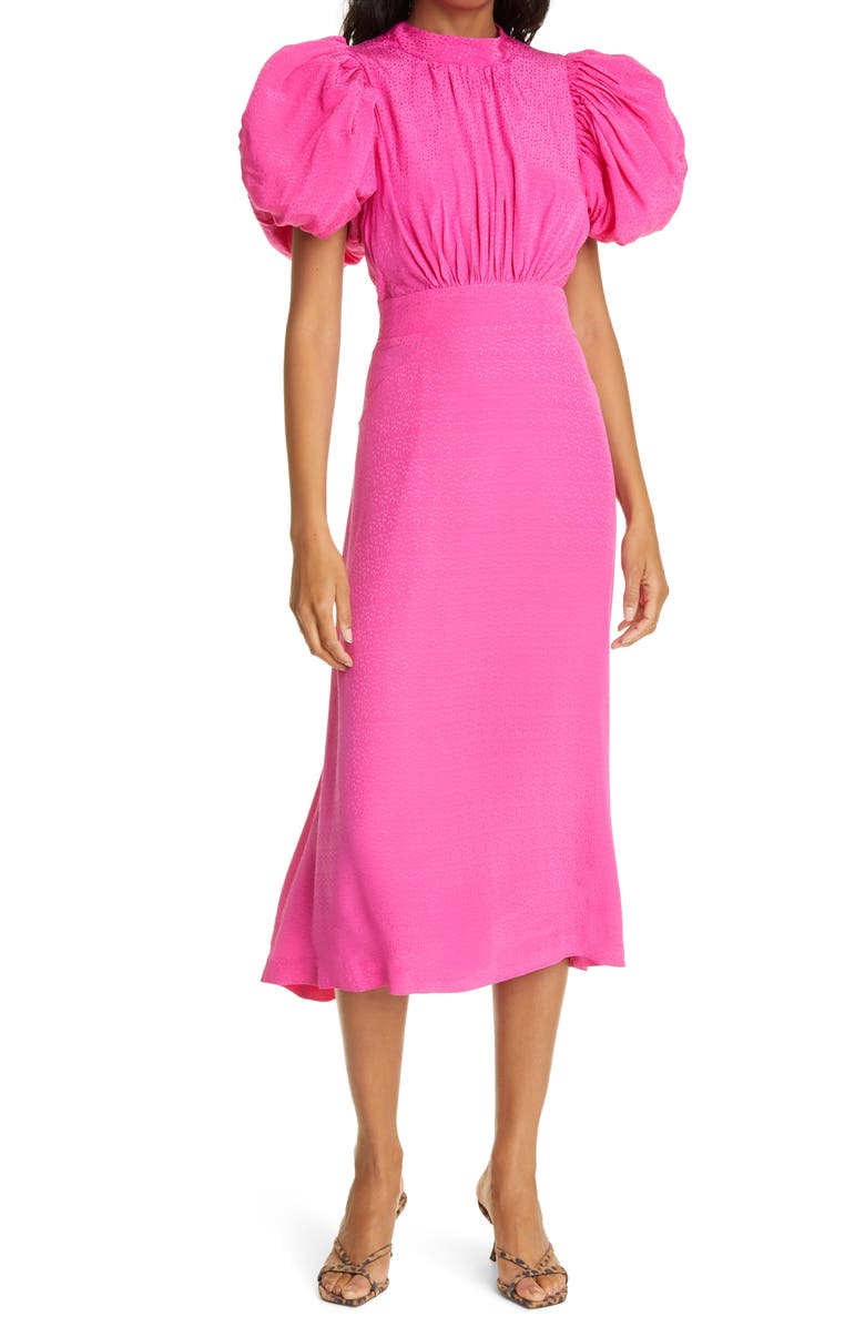 ROTATE Dawn Puff Sleeve Open Back Jacquard Dress, Main, color, FUCHSIA PURPLE