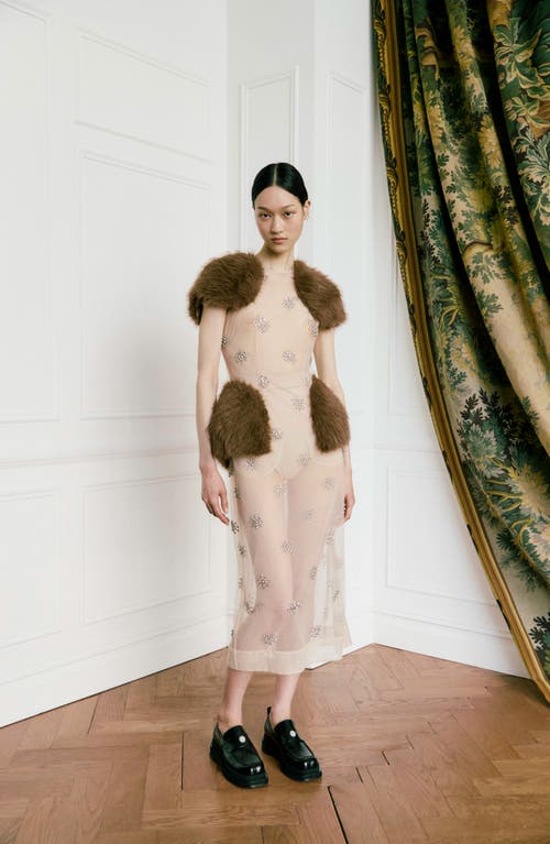 Simone Rocha Embellished Faux Fur-trimmed Tulle Midi Dress In Sheer Ivory/diamante/brown