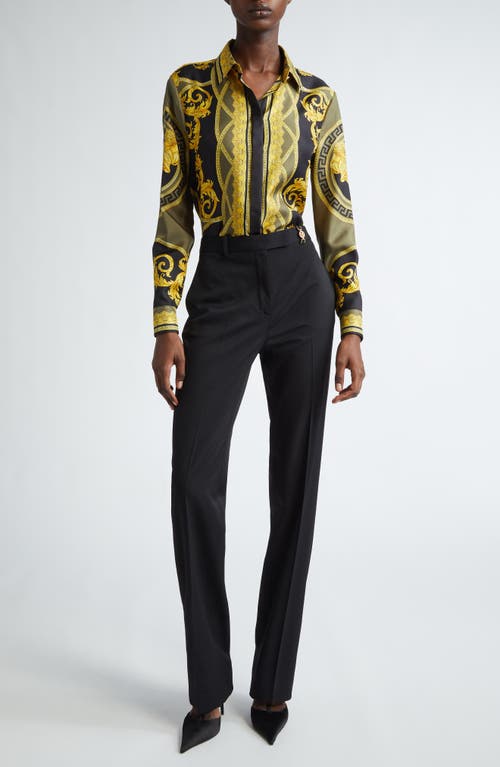 Shop Versace Barocco Print Silk Satin Button-up Shirt In Black Dark Olive Gold