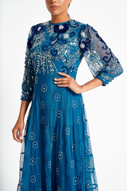 Shop Frock And Frill Long Sleeve Floral Embellished Gown In Majolica Blue