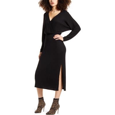 All In Favor Ribbed Long Sleeve Midi Sweater Dress, Black