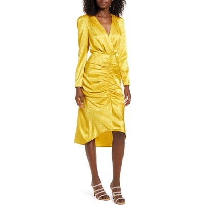 Wayf Ronnie Ruched Long Sleeve Midi Dress, Yellow