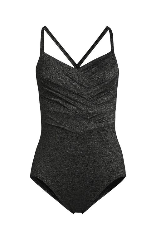 Shop Lands' End Slender Suit V-neck Pleated X-back One Piece Swimsuit Adjustable Straps In Black Shine