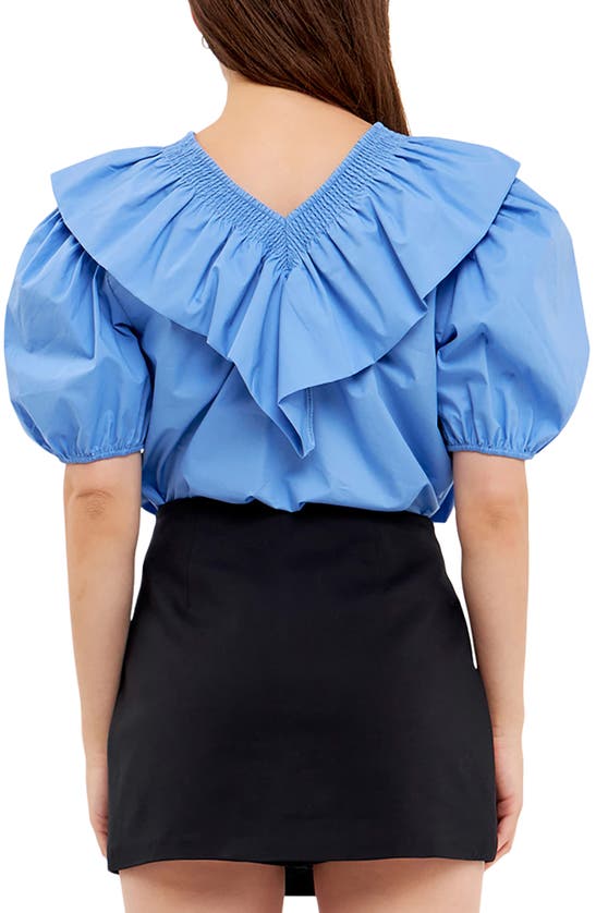 Shop English Factory Smocked Ruffle Puff Sleeve Cotton Blouse In Oxford Blue