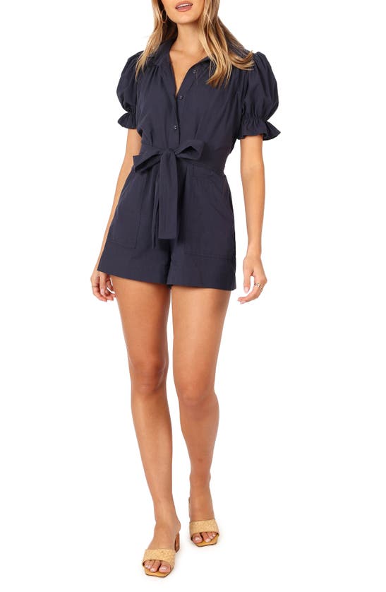 Petal And Pup Riley Tie Waist Cotton Romper In Navy