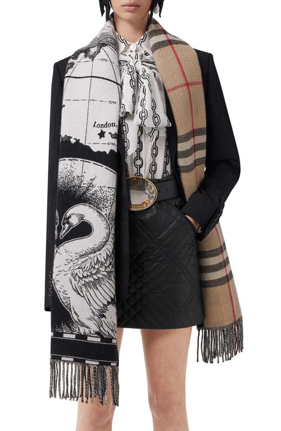 Burberry Swan Check Cashmere Scarf In Arc Beige/ Pale Beige | ModeSens