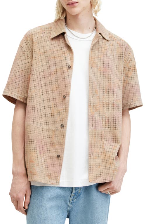 AllSaints Dante Perforated Leather Camp Shirt Sea Clay Green at Nordstrom,