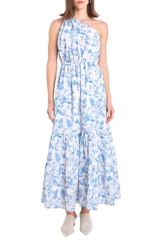 Floral Print One-Shoulder Dress in Blue/Off White