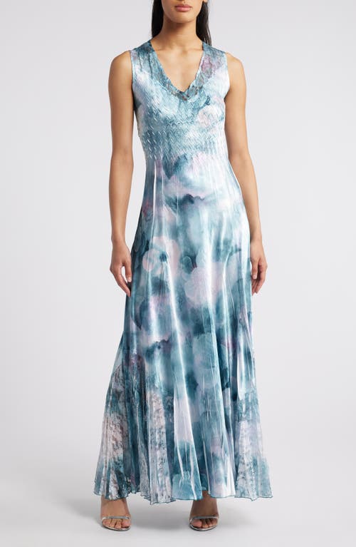 Shop Komarov Charmeuse & Chiffon Maxi Cocktail Dress In Everglade Sky