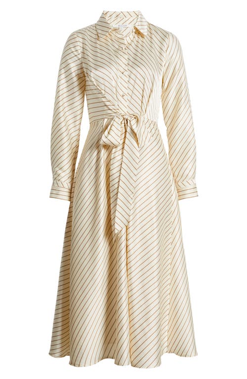 Shop Zoe And Claire Stripe Long Sleeve Satin Shirtdress In Champagne