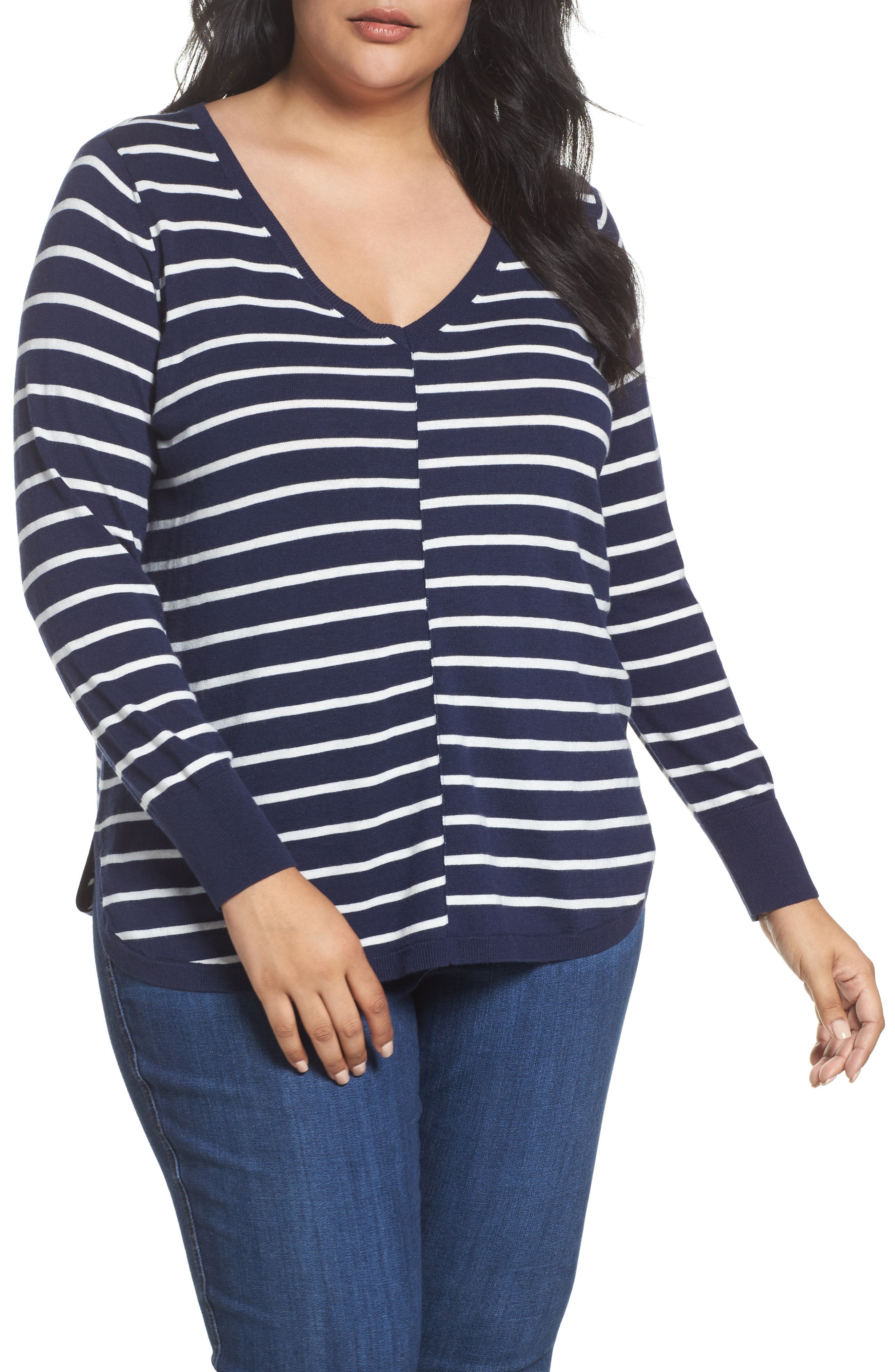 Plus Size Caslon Marled V-Neck Sweater, Blue