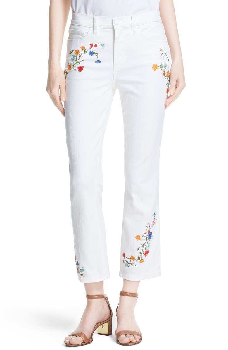 Tory Burch 'Carson' Embroidered Crop Flare Jeans (White Delphina ...