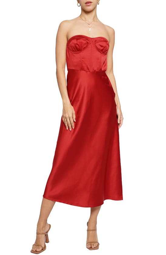 Shop Know One Cares Strapless Satin Corset Midi Dress In Red