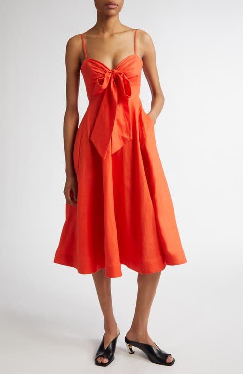 Shop Zimmermann Tie Front Linen Midi Dress In Red