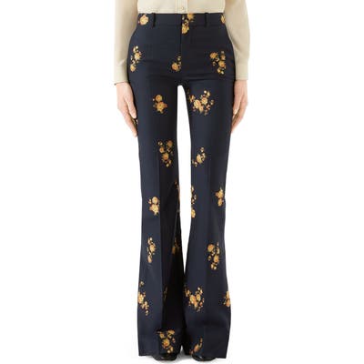 Gucci Camellia Fil Coupe Cotton & Wool Flare Pants, US / 44 IT - Blue