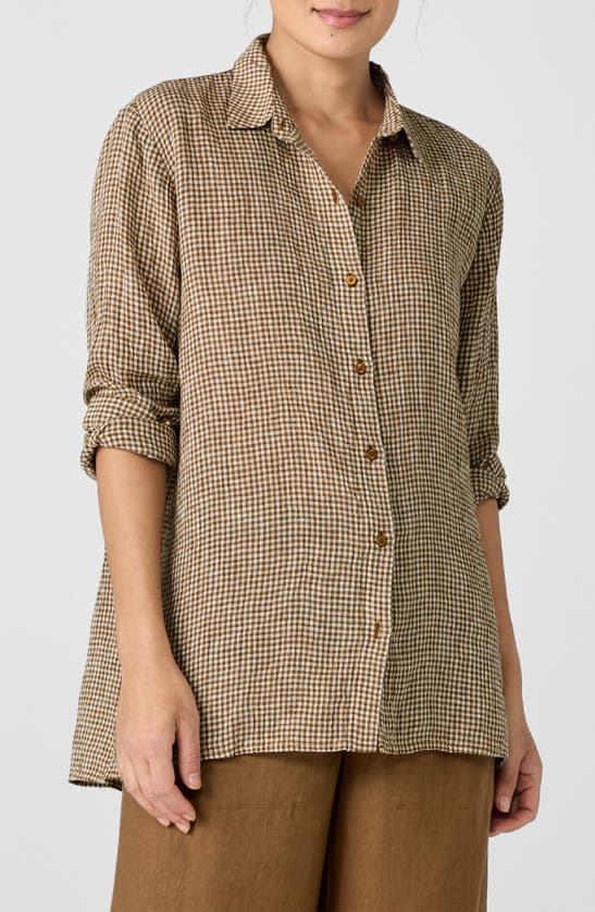 Eileen Fisher Classic Gingham Organic Linen Button-up Shirt In Brown