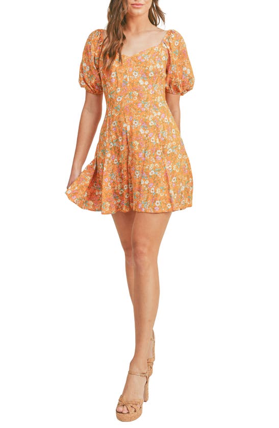 Lush Floral Sweetheart Neck Puff Sleeve Minidress In Orange Purple | ModeSens