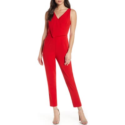 Ali & Jay Sleeveless Slim Leg Asymmetrical Jumpsuit, Red