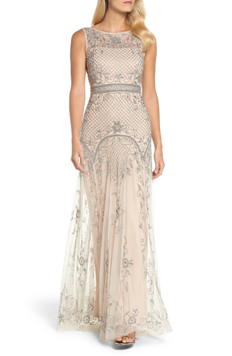Adrianna Papell Beaded Illusion Column Gown | Nordstrom