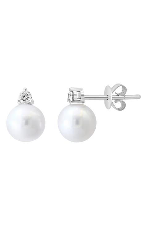 14K White Gold Diamond & Freshwater Pearl Stud Earrings - 0.11ct.