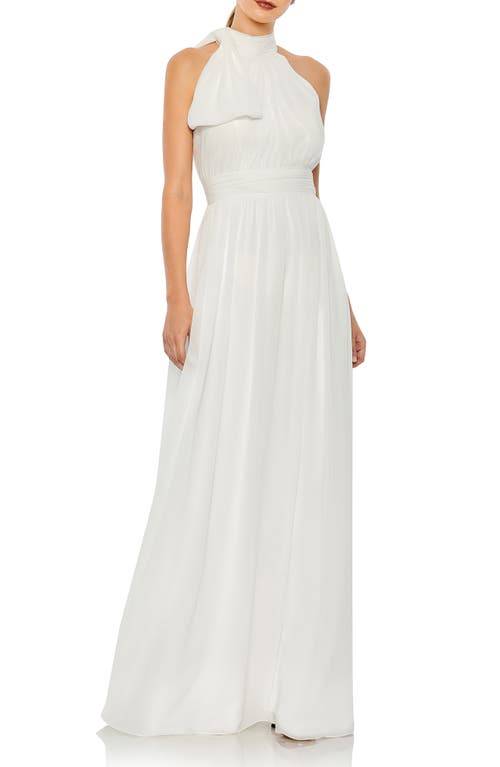 High Neck Ruched Chiffon A-Line Gown in White
